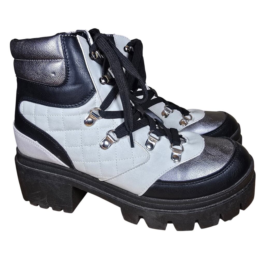 Women's Sugar Calling Lace Up Ankle Lug Combat Boots Retro Black White Silver 9M